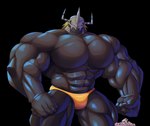 abs anthro biceps big_muscles black_background black_body clothing horn huge_muscles hyper hyper_muscles looking_at_viewer male mask muscular muscular_anthro muscular_male orange_clothing orange_speedo orange_swimwear pecs simple_background solo speedo swimwear vein veiny_muscles yellow_eyes yongdasom bandai_namco digimon blackwargreymon digimon_(species) scalie wargreymon hi_res