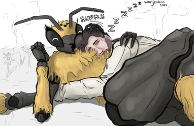 4_arms 5_eyes antennae_(anatomy) anthro arm_around_another arm_around_partner beard beekeeper black_body brown_hair clothed clothing cuddling duo exoskeleton eyelashes facial_hair female female_anthro fur fuzzy hair hand_on_partner's_arm hand_on_partner's_head happy lying male male/female male_human mandibles multi_arm multi_eye multi_limb neck_tuft ocellis on_back onomatopoeia ruffling_hair simple_background sleeping sleeping_on_partner sound_effects text tuft vowelless vowelless_sound_effect yellow_body yellow_fur zzz warjenkins arthropod bee honey_bee human hymenopteran insect mammal absurd_res digital_media_(artwork) hi_res