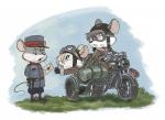 anthro bayonet clothing dieselpunk envelope eyewear female goggles group gun handgun hat headgear headwear knife male motorcycle open_mouth outside pistol ranged_weapon rifle sidecar simple_background uniform vehicle weapon chochi argentina_comic_con mammal mouse murid murine rodent