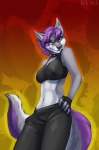 anthro bottomwear bra breasts cleavage clothed clothing collar female hair navel pants purple_eyes purple_hair solo spikes tail underwear kyma jess_(teckly) canid canine canis mammal wolf