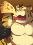 anthro claws clothed clothing eating food fur hair jaws male open_mouth pizza slightly_chubby solo stocky striped_body striped_fur stripes tongue topless underwear yellow_eyes kotori wolvestrot felid mammal pantherine tiger 3:4