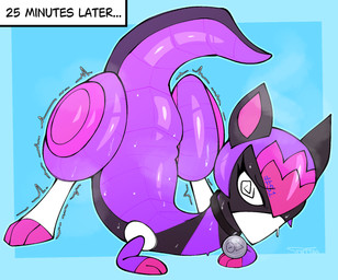 ass_up bodily_fluids collar collar_only collar_tag feral jack-o'_pose looking_at_viewer nude pose purple_body shaking spiral spiral_eyes sweat therian_symbol tremble_lines tremble_spikes trembling softestpuffss beastieball fan_character beastie_(species) daredillo_(beastieball) hi_res