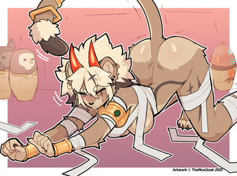 5_fingers all_fours anthro ass_up biped blush breasts brown_body brown_fur brown_tail butt eyes_closed female fingers front_view fur horn medium_breasts nude nude_anthro nude_female smile solo stretching tail thick_thighs wide_hips wraps thericegoat felid lion mammal pantherine hi_res