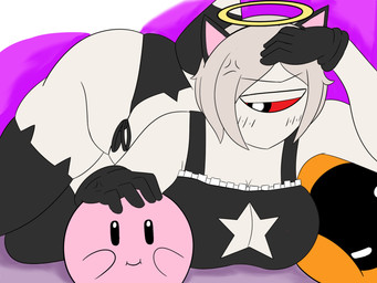 1_eye 4_fingers abstract_background accessory ambiguous_gender annoyed arms_bent big_breasts black_bra black_clothing black_eyes black_gloves black_handwear black_legwear black_panties black_thigh_highs black_underwear blush blush_lines bra breasts cat_ear_headband cat_ear_panties cat_lingerie cleavage_cutout closed_smile clothed clothed_female clothed_humanoid clothing cross-popping_vein cutout duo eyebrows fake_ears featureless_hands female female_humanoid fingers gloves half-closed_eyes halo hand_on_another's_head hand_on_head handwear headband humanoidized keyhole_bra keyhole_clothing keyhole_underwear legs_together legwear lingerie looking_at_another lying monotone_body mouth_closed mouthless narrowed_eyes noseless not_furry panties pink_body pupils red_sclera side-tie_panties simple_eyes smile tail thick_thighs thigh_highs underwear unibrow white_body white_pupils wide_hips trigoat kirby_(series) nintendo 02_(kirby) kirby cyclops humanoid tailed_humanoid waddling_head 2025 4:3 digital_drawing_(artwork) digital_media_(artwork) flat_colors