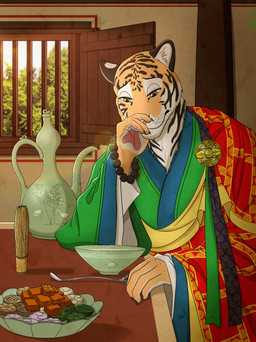 5_fingers anthro beverage black_stripes clothed clothed_anthro clothed_male clothing female fingers fur humanoid_hands korean male monk orange_body orange_fur pawpads pink_nose pink_pawpads religion robe solo striped_body striped_fur stripes tea whiskers white_body white_fur ohs688 buddhism felid mammal pantherine tiger absurd_res hi_res