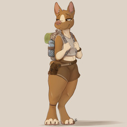 anklet anthro backpack barefoot bottle bottomwear brown_body brown_fur clothed clothing container ear_piercing eyebrow_piercing facial_piercing feet female fully_clothed fur jewelry light midriff nose_piercing notched_ear piercing pink_nose septum_piercing shorts solo standing thigh_pouch toeless_(marking) water_bottle yellow_eyes louart kelly_(louart) bull_terrier canid canine canis domestic_dog hunting_dog mammal terrier 1:1 2022 absurd_res digital_media_(artwork) hi_res lighting shaded signature
