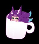 ambiguous_gender blush chibi container cup ear_tuft fur horn inner_ear_fluff mug multi_tail multicolored_tail purple_body purple_fur solo tail teal_eyes tuft unknown_artist trials_in_tainted_space mitch_(tits) animal_humanoid canid canid_humanoid canine canine_humanoid fox fox_humanoid humanoid mammal mammal_humanoid sionach alpha_channel low_res