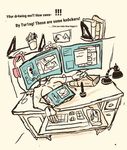 anthro breast_rest breasts computer computer_monitor computer_mouse desk electronics female furniture machine objectum office simple_background solo table tan_background text woodhouse3d animate_inanimate computer_virus_(species) living_machine english_text hi_res restricted_palette