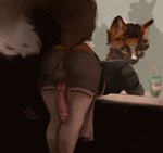 amber_eyes animal_genitalia anthro anus apron balls beverage big_ears black_body black_fur butt butt_focus canine_genitalia clothed clothing container crossdressing cup femboy fluffy fluffy_tail fur genital_shot genitals inviting knot leaf long_tail looking_at_viewer looking_back looking_pleasured male orange_body orange_fur outdoor_nudity outside penis penis_backwards penis_shot perineum pink_penis presenting presenting_hindquarters public rear_view seductive smile smirk solo tail nyrox_(artist) starbucks leaf_(character) canid canine cross_fox fox mammal red_fox true_fox absurd_res hi_res