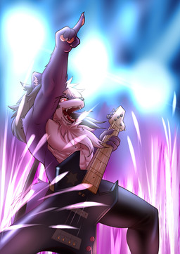 abs anthro biped clothed clothing electric_guitar guitar male muscular muscular_anthro muscular_male musical_instrument open_mouth plucked_string_instrument smile solo standing string_instrument topless d.angelo canid canine mammal absurd_res hi_res