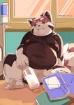 anthro belly big_belly book bottle container detailed_background inside kemono male moobs navel nipples overweight overweight_male sitting solo dokyudokyu1 ailurid mammal red_panda 2022 absurd_res hi_res