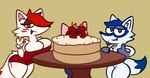 anthro birthday blue_eyes breasts cake clothing dessert dress duo female food hair machine male red_hair white_body yellow_eyes arturfox chara_senko_yukimoto rox_02 canid canine fox mammal protogen hi_res