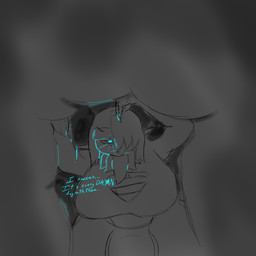 anthro astronomical_hyper big_breasts bodysuit breasts bulge clothing disappointed female hair herm huge_breasts implied_hyper intersex messy_hair neck_tuft skinsuit solo stuck tight_clothing tired tuft vvitchpunk palworld pocketpair vitch_valera felbat 1:1 hi_res meme sketch