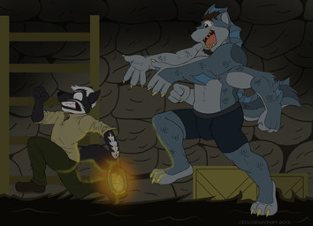 anthro claws duo fin lamp lantern male membrane_(anatomy) multi_arm multi_limb running scales webbed_hands crocdragon89 literarywolf aquatic canid canine canis fish hybrid mammal monster scalie wolf