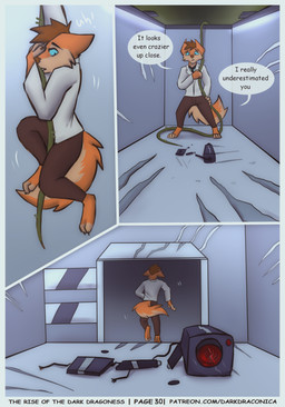 3_panel_comic anthro barefoot biped blue_eyes bottomwear broken_object camera claw_marks climbing_down clothed clothing coat dialogue door doorway feet fur hair male motion_lines open_door orange_body orange_fur pants plant rear_view scratches solo speech_bubble tail text topwear vines white_clothing white_coat white_topwear darkdraconica patreon dave_(darkdraconica) canid canine fox mammal 2023 absurd_res artist_name colored comic digital_drawing_(artwork) digital_media_(artwork) english_text hi_res multiple_scenes url