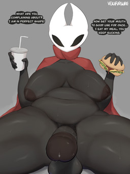 2_horns 5_fingers areola balls beverage big_areola big_breasts black_areola black_body black_nipples bodily_fluids breasts clothing fellatio_request fingers food genital_fluids genitals gynomorph hair holding_beverage holding_food holding_object horn intersex looking_at_viewer navel nipples oral_request penis precum red_clothing requesting sex_request simple_background slightly_chubby solo sweat sweatdrop text vein veiny_penis weight_gain vexyfursure hollow_knight_(franchise) team_cherry hornet_(hollow_knight) arthropod absurd_res english_text hi_res