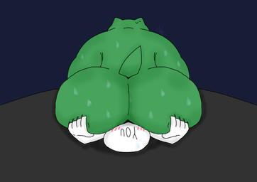 ambiguous_gender anthro bodily_fluids duo facesitting nikolas_607 obese obese_anthro overweight overweight_anthro simple_background sitting_on_another size_difference sweat unknown_artist amphibian frog absurd_res hi_res