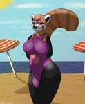 beach bodily_fluids breasts bulge clothing dripping genital_fluids genitals gynomorph intersex outside penis penis_poking_out precum precum_drip precum_string public seaside solo swimwear enroshiva ailurid mammal red_panda hi_res trans_(lore)