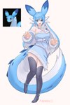 absurd_res alternate_species anthro asekeu biped blue_body blue_eyes blue_fur blue_hair bottomwear breasts chillet clothed clothing dipstick_tail dragon female fur hair hi_res humanoid humanoidized legwear mammal markings multicolored_hair mythological_creature mythological_scalie mythology pal_(species) pal_humanoid palworld pocketpair reference_image scalie solo tail tail_markings two_tone_hair white_body white_fur