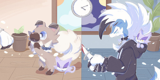 ambiguous_gender anthro blue_body blue_eyes blue_fur bracelet brown_body brown_fur clock clothing cloud collar duo feral fur jewelry plant plant_pot text white_body white_fur liuliankeya nintendo pokemon kian_(kianyemao) canid canine felid feline generation_5_pokemon generation_7_pokemon lycanroc mammal midnight_lycanroc pokemon_(species) purrloin rockruff shiny_pokemon absurd_res english_text hi_res