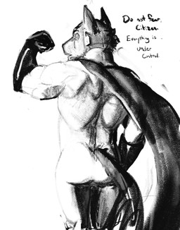anthro biped butt cape clothing dialogue flexing gloves handwear hypnosis male mind_control simple_background spiral spiral_eyes superhero text white_background saudax7 canid canine mammal absurd_res digital_media_(artwork) english_text hi_res monochrome