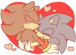 anthro black_body black_fur blue_body blue_fur blush bodily_fluids clothing duo eyes_closed frown fur gloves handwear happy heart_symbol hug male male/male open_mouth open_smile red_body red_fur simple_background smile sweat sweatdrop white_background sikai sega sonic_the_hedgehog_(series) shadow_the_hedgehog sonic_the_hedgehog eulipotyphlan hedgehog mammal