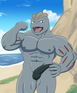 abs asymmetrical_clothing beach biceps brown_eyes clothing male muscular muscular_male navel nipples pecs pose solo swimwear mizukage_(artist) nintendo pokemon generation_1_pokemon machoke pokemon_(species) hi_res pinup
