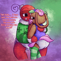 ambiguous_gender clothed clothing diaper duo female flower green_clothing green_sweater green_topwear object_in_mouth ornament pacifier pacifier_in_mouth plant sweater topwear wearing_diaper white_diaper babbytag blushcrunch_studio dandy's_world bassie_(dandy's_world) bobette_(dandy's_world) humanoid 1:1 female_(lore)