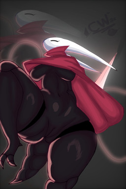 2_horns 3_toes anthro arthropod_abdomen bent_leg big_breasts biped black_body breasts butt butt_from_the_front cloak clothed clothed_anthro clothed_female clothing eyes_closed featureless_breasts feet female female_anthro genitals glistening glistening_body glistening_legs glistening_thighs horn innie_vulva logo melee_weapon mouthless navel non-mammal_breasts non-mammal_navel non-mammal_vulva noseless red_cloak red_clothing solo thick_thighs toes vulva weapon cartoonwizzard hollow_knight_(franchise) team_cherry hornet_(hollow_knight) arachnid arthropod spider 2025 2:3 absurd_res artist_logo digital_media_(artwork) hi_res