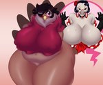 anthro big_breasts black_hair blush bottomless breasts choker cleavage clothed clothing curvy_figure duo female hair hair_over_eye huge_breasts jewelry necklace nipple_outline non-mammal_breasts one_eye_obstructed overweight overweight_female slightly_chubby thick_thighs voluptuous kyelyn_(artist) la_pavita_pechugona lily_(sssonic2) pavita_pechugona avian bird galliform phasianid turkey absurd_res hi_res