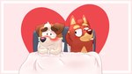 2024 anders_285 anthro bed bedding biped bite_mark blanket bluey_(series) blush brown_body canid canine canis domestic_dog duo furniture heart_symbol hi_res jack_russell_(bluey) mammal pillow red_body rusty_(bluey) simple_background smoking white_body