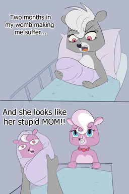 baby blue_eyes dialogue female feral fur grey_body grey_fur hair open_mouth pink_body pink_eyes pink_fur text white_hair young hell99999 hasbro littlest_pet_shop littlest_pet_shop_(2012) mitzi_(lps) pepper_clark mammal mephitid skunk striped_skunk 2:3 english_text hi_res meme