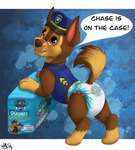 ageplay clothing diaper diaper_package feral infantilism male roleplay solo young young_feral wittleskaj paw_patrol chase_(paw_patrol) canid canine canis domestic_dog german_shepherd herding_dog mammal pastoral_dog absurd_res hi_res