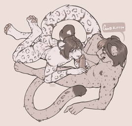 4_toes 5_fingers ambiguous_gender anthro blush bodily_fluids claws curled_tail dipstick_tail drooling duo eye_contact feet feet_up finger_claws fingers genitals good_kitty hair heart_(marking) high-angle_view leopard_spots licking looking_at_another lying male male/male markings nipples nude on_front oral pawpads paws penile penis penis_lick praise reclining saliva saliva_string sex simple_background sit_and_blow_position sitting speech_bubble spots tail tail_markings tail_ridge toes tongue tongue_out seraphictiger cheetah felid feline mammal pantherine 2025 digital_media_(artwork) hi_res watermark