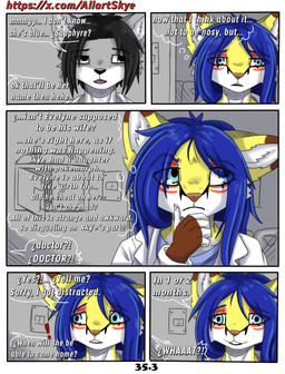 anthro black_hair black_nose blue_eyes blue_hair brown_body brown_fur clothing dialogue doctor female fur grey_body grey_fur hair male text white_body white_fur yellow_body yellow_fur allartskye arely_(allartskye) skye_(allartskye) canid canine canis fennec_fox fox mammal true_fox wolf comic hi_res url