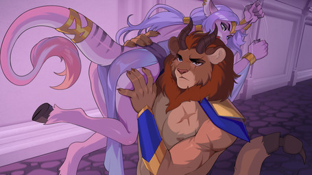 accessory action_pose annoyed anthro armband bracelet cape carrying_another carrying_partner castle claws clothed clothing crossdressing curvy_horns dress duo embarrassed facial_scar femboy fluffy furgonomics hair hand_on_hip head_turned hooves horn jewelry leg_grab lion_ears long_hair long_tail looking_back male male/male mane manticore_tail medieval_fantasy muscular muscular_anthro muscular_male on_shoulder pose scar shoulder_carry size_difference smaller_male smug stinger stinger_tail stone_floor struggling tail tail_accessory krl dungeons_and_furries furlough_games iranian_mythology middle_eastern_mythology mythology amari_(furlough_games) rowan_(furlough_games) deer dragon felid feline kirin lion mammal manticore mythological_creature mythological_scalie pantherine scalie 16:9 hi_res widescreen