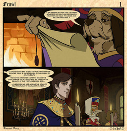 anthro attire candle candlelight candlestick clothed clothed_anthro clothed_female clothed_human clothed_male clothing conjoined_speech_bubble countershade_face countershade_fur countershading dialogue dining_room dining_table eyebrows eyelashes eyes_closed female female_anthro fire fireplace fur group headdress insignia kokoshnik light male male_human name_drop name_in_dialogue narrowed_eyes nobleman noblewoman page_number portrait_(object) reading reading_scroll shield snout speech_bubble standing text title trio wall_decoration window sir_paulus disney robin_hood_(disney) lisabeth_(lord_paulus) pavel_(sir_paulus) canid canine canis fox human mammal comic english_text