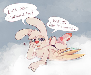 anthro bedroom_eyes black_clothing black_thong black_underwear buckteeth clothed clothing cloud dialogue feathered_wings feathers female flirting flirting_with_viewer freckles fur green_sclera lying narrowed_eyes on_cloud on_front scut_tail seductive short_tail solo tail talking_to_viewer teeth text thong thong_only topless underpaw underwear underwear_only white_body white_fur wings greenie-ghost angel_hare the_east_patch angel_gabby angel angel_hare_(the_east_patch) hare lagomorph leporid mammal english_text hi_res