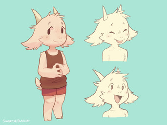 4_fingers anthro blep blue_background bottomwear bovid_horn brown_clothing brown_shirt brown_tank_top brown_topwear caprine_horn clothing fingers fur goat_horn horn male monotone_background open_mouth red_bottomwear red_clothing red_shorts shirt shorts simple_background smile solo tank_top text tongue tongue_out topwear white_body white_fur koiyaroid bovid caprine goat mammal artist_name hi_res