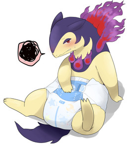 ambiguous_gender anthro blush blush_lines bodily_fluids clean_diaper clothed clothing colored_fire diaper diaper_only ears_back emanata fire frustration_cloud half-closed_eyes hand_on_diaper high-angle_view multicolored_body narrowed_eyes one_eye_obstructed pivoted_ears purple_body purple_ears purple_fire purple_tail red_eyes simple_background sitting solo speech_bubble sweat sweatdrop tail text topless touching_diaper two_tone_body wearing_diaper wetness_indicator white_background yellow_body satsuki_rabbit nintendo pokemon generation_8_pokemon hisuian_form hisuian_typhlosion pokemon_(species) regional_form_(pokemon) absurd_res hi_res japanese_description japanese_text translation_request