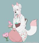 anthro asian_clothing black_nose clothing east_asian_clothing female flower fur hair japanese_clothing kimono long_hair pink_body pink_eyes pink_fur pink_hair plant simple_background solo white_body white_fur katibara sakura_d._lyall canid canine canis mammal wolf digital_media_(artwork) hi_res