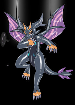 4_claws 4_fingers ambiguous_gender anthro belly belly_markings black_clothing black_sclera black_skinsuit black_tail claws clothing countershade_tail countershade_torso countershading eyebrows featureless_crotch fingers front_view glistening glistening_body horn latex latex_body latex_clothing latex_skinsuit markings orange_eyebrows orange_horn purple_eyes purple_wings skinsuit solo suspension tail tight_clothing tongue wings yellow_eyes vayu doratama mythology illusia_(doratama) dragon mythological_creature mythological_scalie scalie young_plague_dragon_(doratama) 2026 digital_drawing_(artwork) digital_media_(artwork) hi_res signature