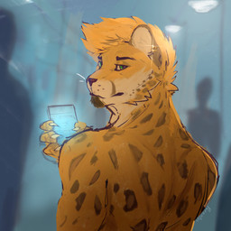 anthro back_muscles bangs beard cellphone claws ear_piercing ear_ring electronics evening facial_hair fur green_eyes looking_at_viewer looking_back male markings phone piercing ring_piercing simple_background smartphone solo spots spotted_body spotted_fur street yellow_body yellow_fur paran0ya therris felid leopard mammal pantherine 1:1 digital_media_(artwork) digital_painting_(artwork) hi_res painting_(artwork)