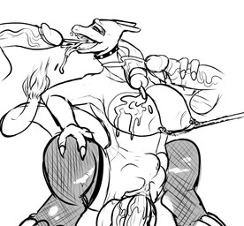 abdominal_bulge anthro big_breasts big_penis bodily_fluids breasts clitoris clothing cum cum_in_mouth cum_inside cum_on_breasts cumshot cumshot_in_mouth ejaculation erection female fire flaming_tail gangbang genital_fluids genitals group group_sex handjob humanoid_genitalia humanoid_penis legwear looking_pleasured male male/female male_penetrating mostly_nude multiple_penetration nipple_piercing nipples non-mammal_breasts open_mouth penetration penile penis piercing semi-anthro sex simple_background tail tongue tongue_out vaginal vaginal_penetration vulva white_background kiddeathx_(artist) mythology nintendo pokemon charizard dragon generation_1_pokemon mythological_creature mythological_scalie pokemon_(species) scalie greyscale monochrome source_request