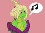 anthro blonde_hair breasts cleavage clothed clothing eye_through_hair eyebrow_through_hair eyebrows eyelashes female green_body hair musical_note musical_symbol non-mammal_breasts pink_background red_eyes simple_background smile solo symbol translucent translucent_hair avencri cela crocodile crocodilian reptile scalie 2011 4:3 digital_drawing_(artwork) digital_media_(artwork) flat_colors