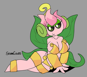anklet armlet big_breasts bikini breasts cleavage clothed clothing eyelashes eyeshadow female gold_bikini green_eyeshadow green_sclera grey_background hair jewelry leaf leaf_wings looking_at_viewer lying makeup not_furry on_side pink_body pink_hair plant pose simple_background smile smiling_at_viewer solo swimwear thighlet two-piece_swimsuit unusual_anatomy unusual_wings white_eyes wings filthycottonart unfortu-nate bandai_namco digimon digimon_(species) elemental_creature elemental_humanoid flora_fauna humanoid lillymon plant_humanoid 2023 digital_media_(artwork) pinup