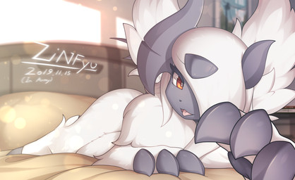 ambiguous_gender claws feral fluffy fur hair horn looking_at_viewer nude open_mouth red_eyes solo white_body white_fur wings zinfyu nintendo pokemon lute_(zinfyu) generation_6_pokemon mammal mega_absol mega_evolution pokemon_(species) 2019 absurd_res dated digital_media_(artwork) hi_res signature