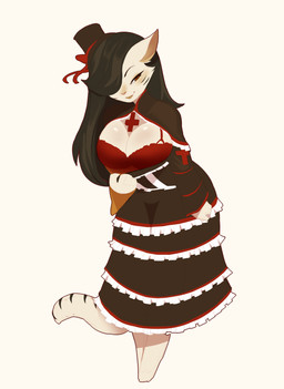 alternative_fashion anthro big_breasts biped black_hair bra breasts cleavage clothed clothing cross female goth gothic_lolita hair hair_over_eye j-fashion leaning leaning_forward lolita_(fashion) long_hair one_eye_obstructed simple_background solo standing underwear victorian_goth kanel felid mammal digital_media_(artwork) full-length_portrait hi_res portrait