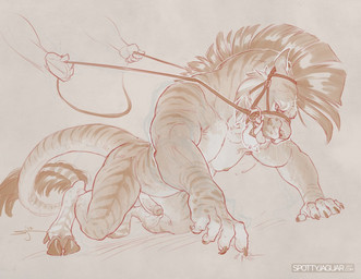 all_fours anthro balls bodily_fluids bridle disembodied_hand drooling duo erection fangs genital_fluids genitals hooves humanoid_genitalia humanoid_penis leash leash_pull male mohawk muscular nipples open_mouth pecs penis precum saliva solo_focus submissive submissive_male teeth text spottyjaguar equid felid hybrid mammal