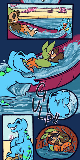 3_fingers 3_toes ambiguous_gender black_sclera blue_nose bottomwear brown_body brown_fur burping burping_up_clothing clothing death dialogue digestion duo fatal_vore feet fingers fur green_eyes gulp_(sound_effect) male open_mouth oral_vore shorts smug_grin speech_bubble swallowing swallowing_sound_effect swimming_pool tail text time_skip toes vore eclairscollection nintendo pokemon guzzle hymin_(hybrid-mind) chespin generation_2_pokemon generation_6_pokemon pokemon_(species) totodile 2018 absurd_res alpha_channel digital_media_(artwork) english_text hi_res signature